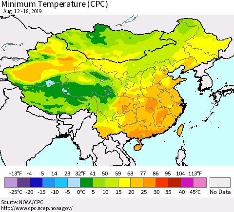 China and Taiwan Minimum Temperature (CPC) Thematic Map For 8/12/2019 - 8/18/2019