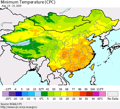 China and Taiwan Minimum Temperature (CPC) Thematic Map For 8/19/2019 - 8/25/2019