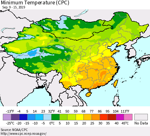 China, Mongolia and Taiwan Mean Minimum Temperature (CPC) Thematic Map For 9/9/2019 - 9/15/2019