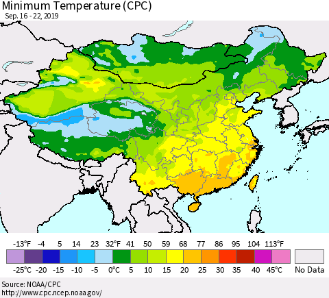 China and Taiwan Minimum Temperature (CPC) Thematic Map For 9/16/2019 - 9/22/2019