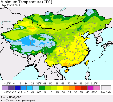 China and Taiwan Minimum Temperature (CPC) Thematic Map For 9/23/2019 - 9/29/2019