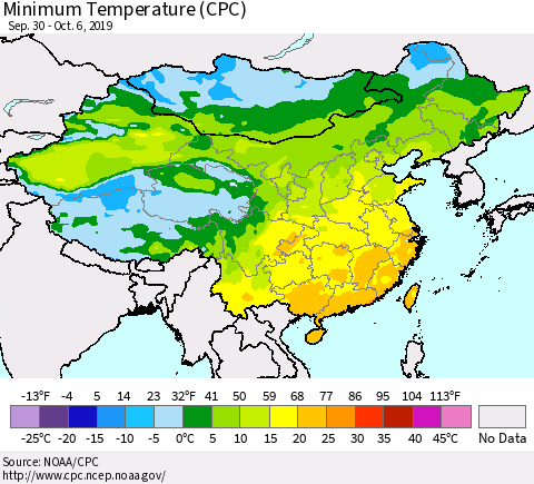 China, Mongolia and Taiwan Mean Minimum Temperature (CPC) Thematic Map For 9/30/2019 - 10/6/2019
