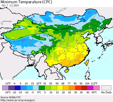 China and Taiwan Minimum Temperature (CPC) Thematic Map For 10/7/2019 - 10/13/2019