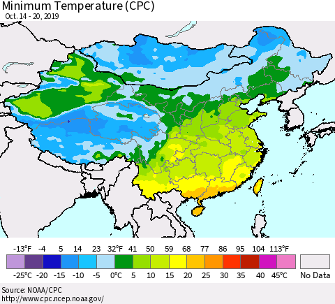 China and Taiwan Minimum Temperature (CPC) Thematic Map For 10/14/2019 - 10/20/2019