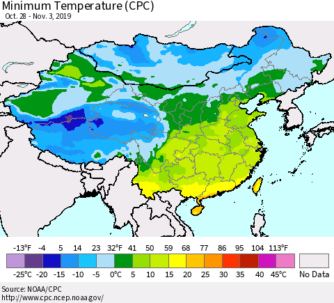 China and Taiwan Minimum Temperature (CPC) Thematic Map For 10/28/2019 - 11/3/2019