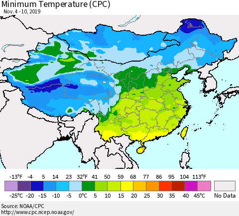 China, Mongolia and Taiwan Mean Minimum Temperature (CPC) Thematic Map For 11/4/2019 - 11/10/2019