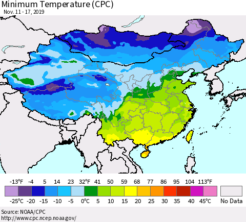 China, Mongolia and Taiwan Mean Minimum Temperature (CPC) Thematic Map For 11/11/2019 - 11/17/2019