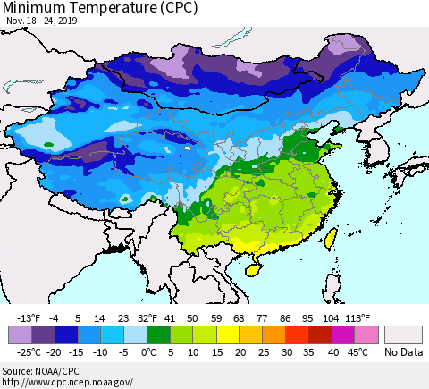 China, Mongolia and Taiwan Mean Minimum Temperature (CPC) Thematic Map For 11/18/2019 - 11/24/2019