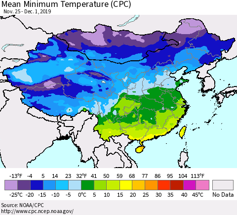 China, Mongolia and Taiwan Mean Minimum Temperature (CPC) Thematic Map For 11/25/2019 - 12/1/2019