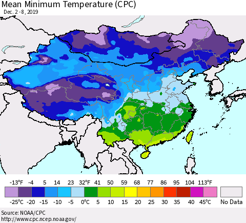 China, Mongolia and Taiwan Mean Minimum Temperature (CPC) Thematic Map For 12/2/2019 - 12/8/2019