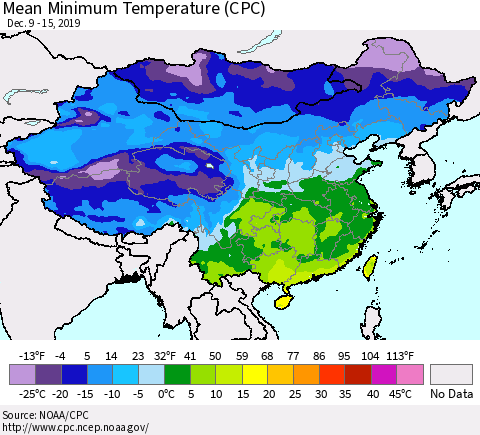 China, Mongolia and Taiwan Mean Minimum Temperature (CPC) Thematic Map For 12/9/2019 - 12/15/2019