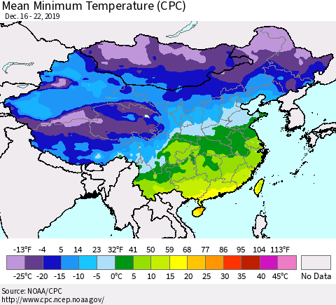 China, Mongolia and Taiwan Mean Minimum Temperature (CPC) Thematic Map For 12/16/2019 - 12/22/2019