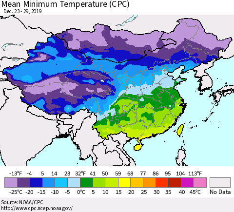 China, Mongolia and Taiwan Mean Minimum Temperature (CPC) Thematic Map For 12/23/2019 - 12/29/2019