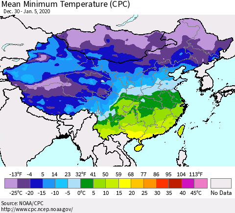 China, Mongolia and Taiwan Mean Minimum Temperature (CPC) Thematic Map For 12/30/2019 - 1/5/2020