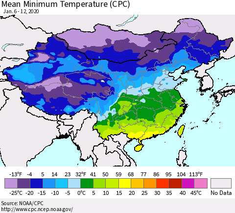 China, Mongolia and Taiwan Mean Minimum Temperature (CPC) Thematic Map For 1/6/2020 - 1/12/2020