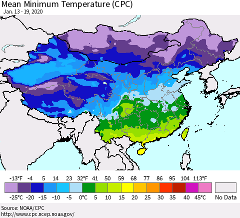 China, Mongolia and Taiwan Mean Minimum Temperature (CPC) Thematic Map For 1/13/2020 - 1/19/2020