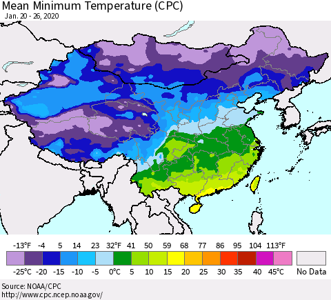 China, Mongolia and Taiwan Mean Minimum Temperature (CPC) Thematic Map For 1/20/2020 - 1/26/2020