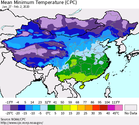 China, Mongolia and Taiwan Mean Minimum Temperature (CPC) Thematic Map For 1/27/2020 - 2/2/2020