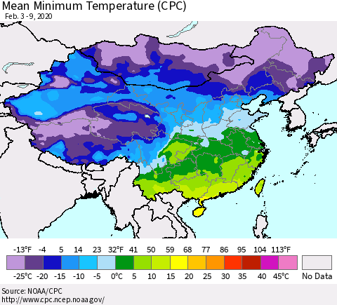 China, Mongolia and Taiwan Mean Minimum Temperature (CPC) Thematic Map For 2/3/2020 - 2/9/2020