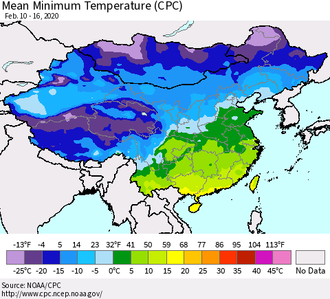 China, Mongolia and Taiwan Mean Minimum Temperature (CPC) Thematic Map For 2/10/2020 - 2/16/2020