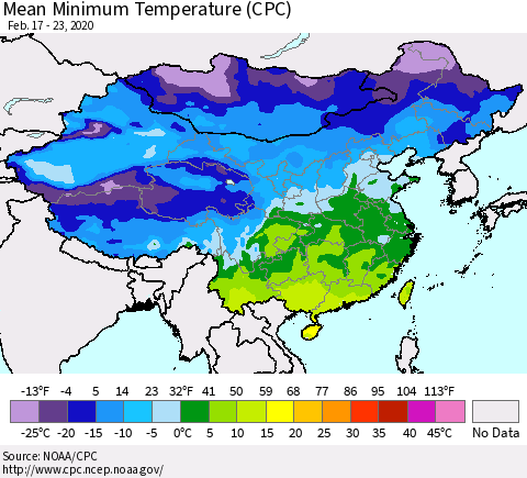 China, Mongolia and Taiwan Mean Minimum Temperature (CPC) Thematic Map For 2/17/2020 - 2/23/2020
