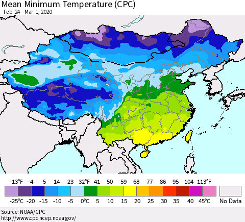 China, Mongolia and Taiwan Mean Minimum Temperature (CPC) Thematic Map For 2/24/2020 - 3/1/2020