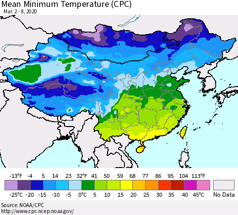 China, Mongolia and Taiwan Mean Minimum Temperature (CPC) Thematic Map For 3/2/2020 - 3/8/2020
