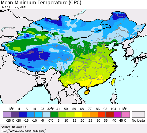 China, Mongolia and Taiwan Mean Minimum Temperature (CPC) Thematic Map For 3/16/2020 - 3/22/2020