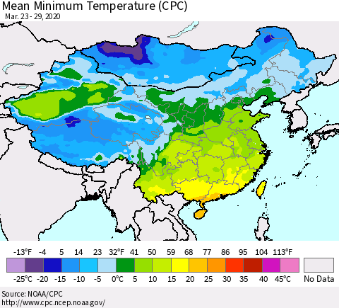 China, Mongolia and Taiwan Mean Minimum Temperature (CPC) Thematic Map For 3/23/2020 - 3/29/2020