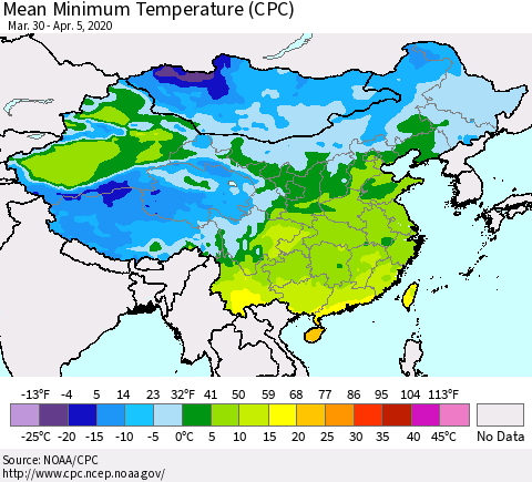 China, Mongolia and Taiwan Mean Minimum Temperature (CPC) Thematic Map For 3/30/2020 - 4/5/2020