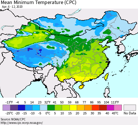 China, Mongolia and Taiwan Mean Minimum Temperature (CPC) Thematic Map For 4/6/2020 - 4/12/2020