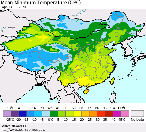 China, Mongolia and Taiwan Mean Minimum Temperature (CPC) Thematic Map For 4/13/2020 - 4/19/2020