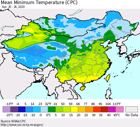 China, Mongolia and Taiwan Mean Minimum Temperature (CPC) Thematic Map For 4/20/2020 - 4/26/2020