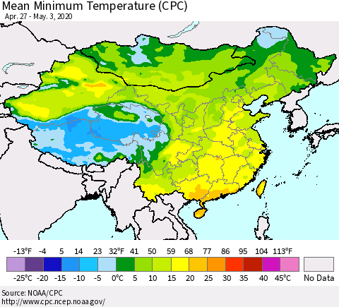 China, Mongolia and Taiwan Mean Minimum Temperature (CPC) Thematic Map For 4/27/2020 - 5/3/2020