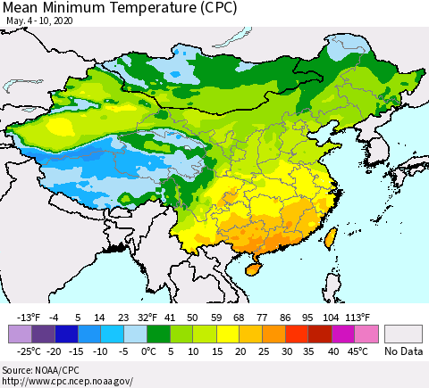 China, Mongolia and Taiwan Mean Minimum Temperature (CPC) Thematic Map For 5/4/2020 - 5/10/2020