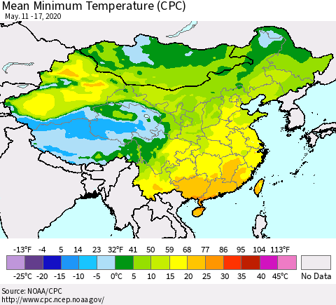 China, Mongolia and Taiwan Mean Minimum Temperature (CPC) Thematic Map For 5/11/2020 - 5/17/2020