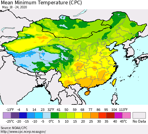 China, Mongolia and Taiwan Mean Minimum Temperature (CPC) Thematic Map For 5/18/2020 - 5/24/2020