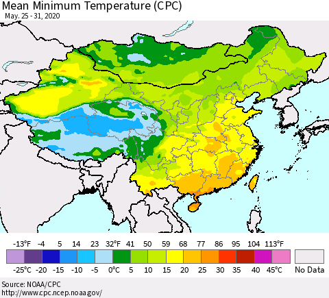 China, Mongolia and Taiwan Mean Minimum Temperature (CPC) Thematic Map For 5/25/2020 - 5/31/2020