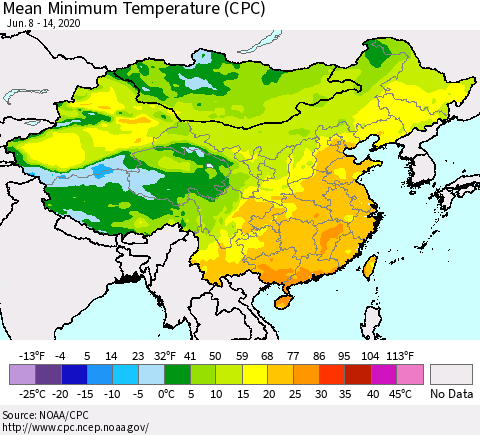 China, Mongolia and Taiwan Mean Minimum Temperature (CPC) Thematic Map For 6/8/2020 - 6/14/2020