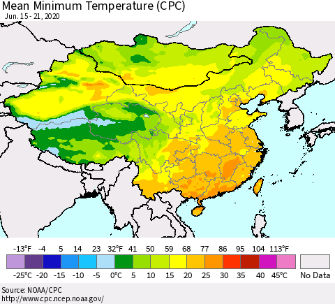 China, Mongolia and Taiwan Mean Minimum Temperature (CPC) Thematic Map For 6/15/2020 - 6/21/2020