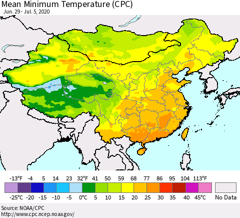 China, Mongolia and Taiwan Mean Minimum Temperature (CPC) Thematic Map For 6/29/2020 - 7/5/2020