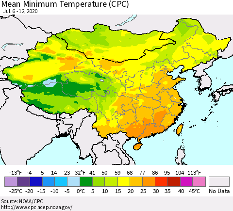 China, Mongolia and Taiwan Mean Minimum Temperature (CPC) Thematic Map For 7/6/2020 - 7/12/2020