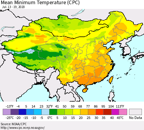 China, Mongolia and Taiwan Mean Minimum Temperature (CPC) Thematic Map For 7/13/2020 - 7/19/2020