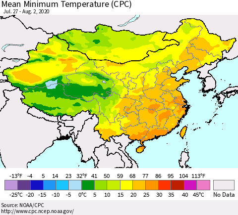 China, Mongolia and Taiwan Mean Minimum Temperature (CPC) Thematic Map For 7/27/2020 - 8/2/2020