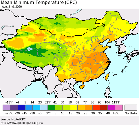 China, Mongolia and Taiwan Mean Minimum Temperature (CPC) Thematic Map For 8/3/2020 - 8/9/2020