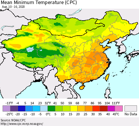 China, Mongolia and Taiwan Mean Minimum Temperature (CPC) Thematic Map For 8/10/2020 - 8/16/2020