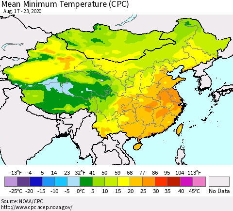 China, Mongolia and Taiwan Mean Minimum Temperature (CPC) Thematic Map For 8/17/2020 - 8/23/2020