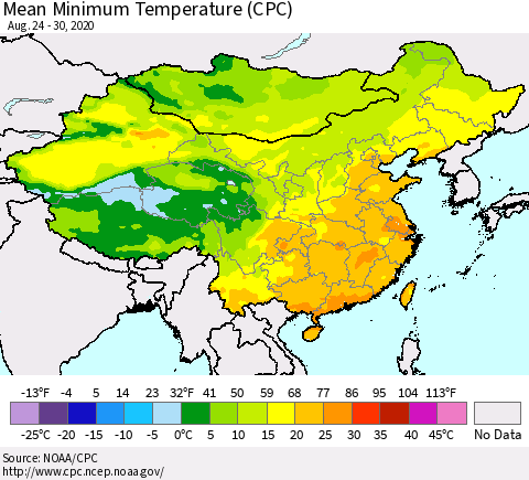 China, Mongolia and Taiwan Mean Minimum Temperature (CPC) Thematic Map For 8/24/2020 - 8/30/2020