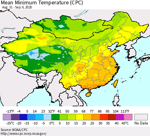China, Mongolia and Taiwan Mean Minimum Temperature (CPC) Thematic Map For 8/31/2020 - 9/6/2020
