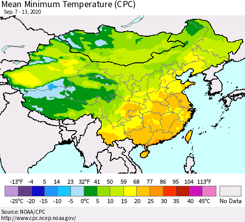 China, Mongolia and Taiwan Mean Minimum Temperature (CPC) Thematic Map For 9/7/2020 - 9/13/2020
